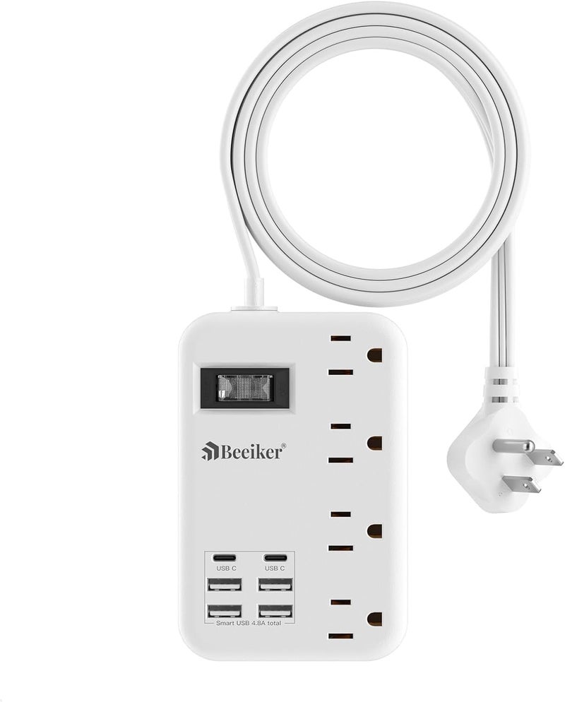 Beeiker 6 USB(2 USB C) Travel Power Strip- Flat Plug Extension Cord 3 Feet with 4.8A 24W USB Charging Station and 4 Outlets, 3 FT Short Extension Cord Portable for Travel Cruise Office College Dorm - Image 1